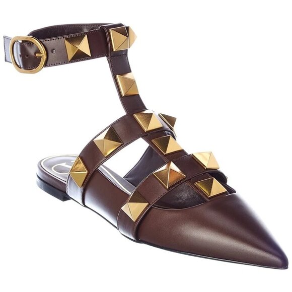 Valentino Roman Stud Leather Ankle Strap Flat Women's Brown 38 - Picture 1 of 7